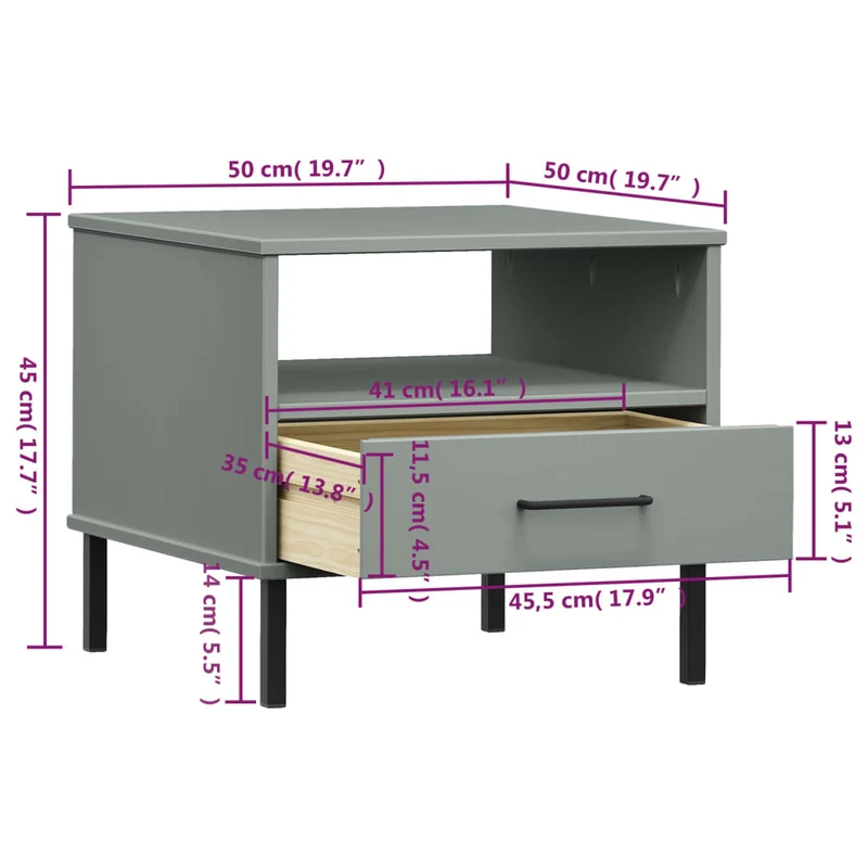 Table de chevet avec tiroir et compartiment 50 x 50 x 45 cm en bois de pin gris DEC032560