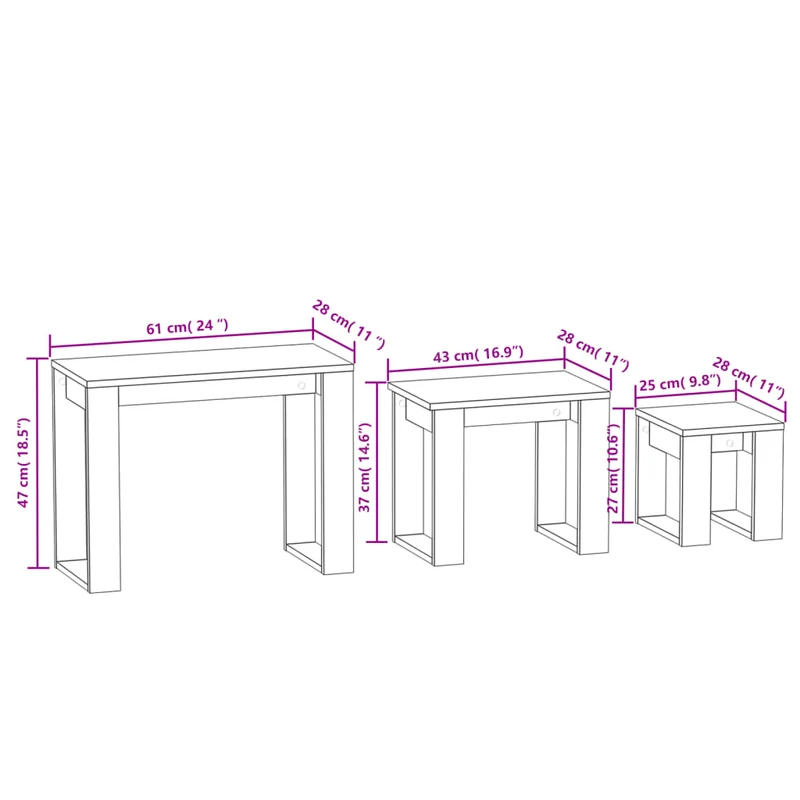 Lot de 3 tables d'appoint gigognes en bois d'ingénierie gris DEC032738