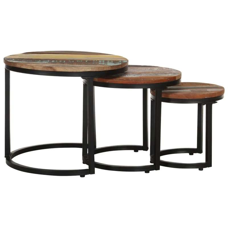Lot de 3 tables d'appoint en bois de récupération massif multicolore DEC032661