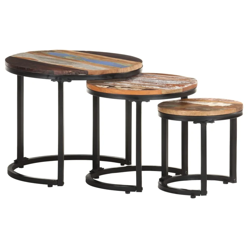 Lot de 3 tables d'appoint en bois de récupération massif multicolore DEC032661