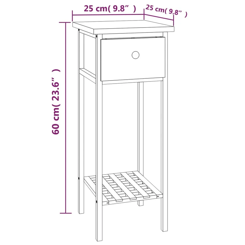 Table d'appoint support plante avec tiroir et étagère 25 x 25 x 60 cm bois massif de noyer DEC032340