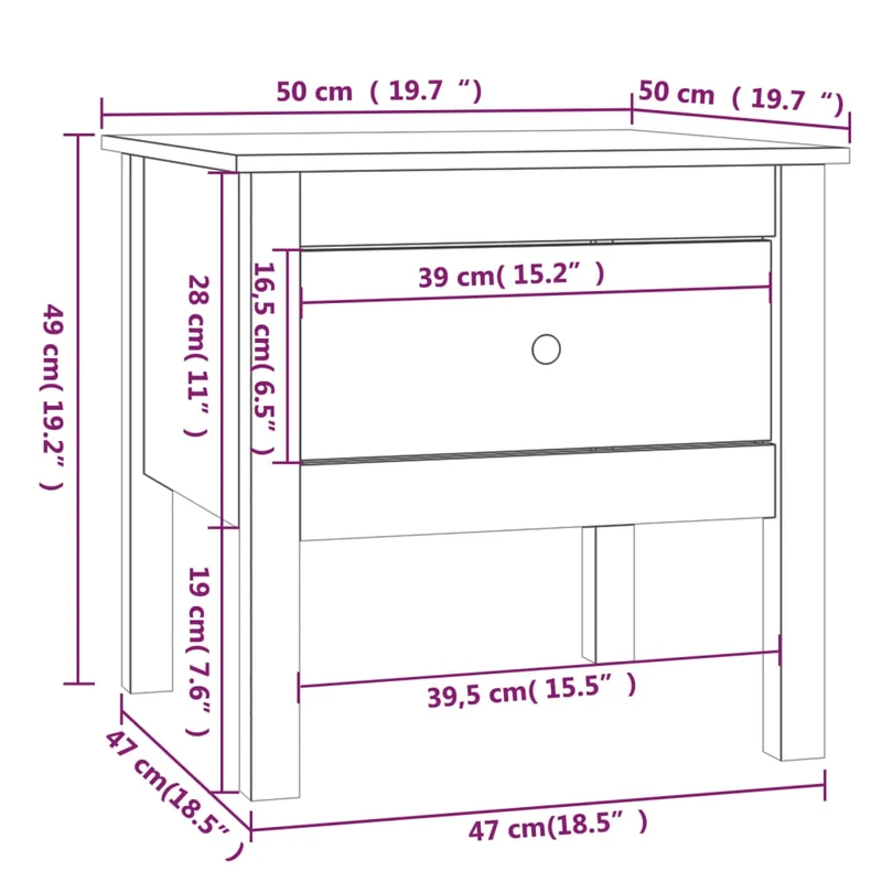 Table d'appoint chevet avec tiroir 50 x 50 x 49 cm en bois massif de pin brun DEC032315