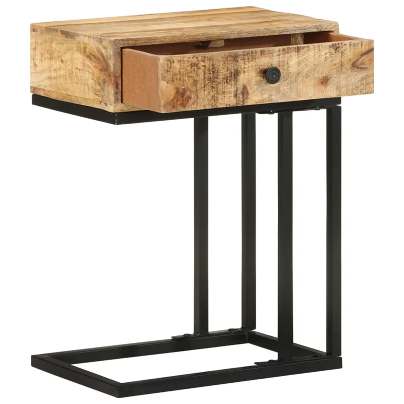 Table d'appoint bout de canapé avec tiroir en forme de U 45 x 30 x 61cm bois de manguier et acier DEC032433
