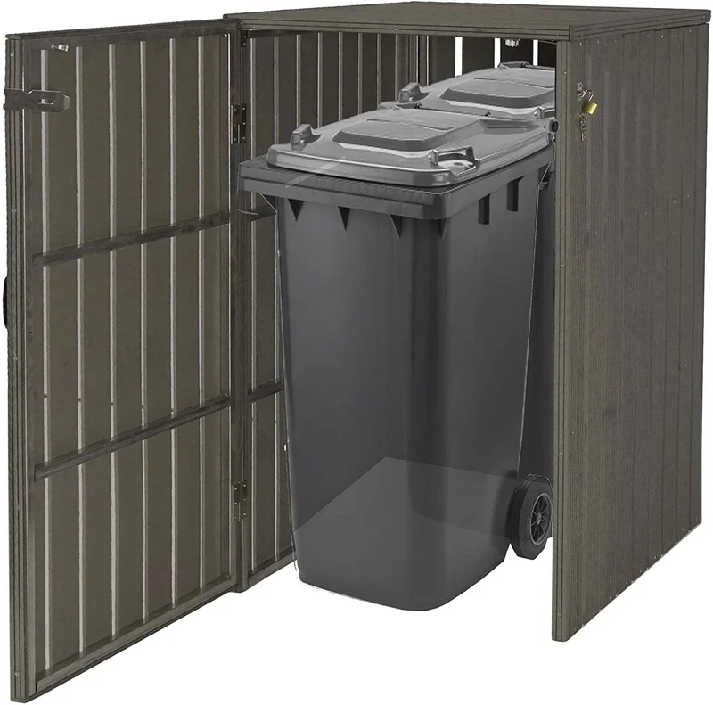 Abri de poubelles extérieur conteneurs à ordures jusqu'à 2 bacs avec couvercle 115x77x97 cm métal aspect bois gris 04_0002864