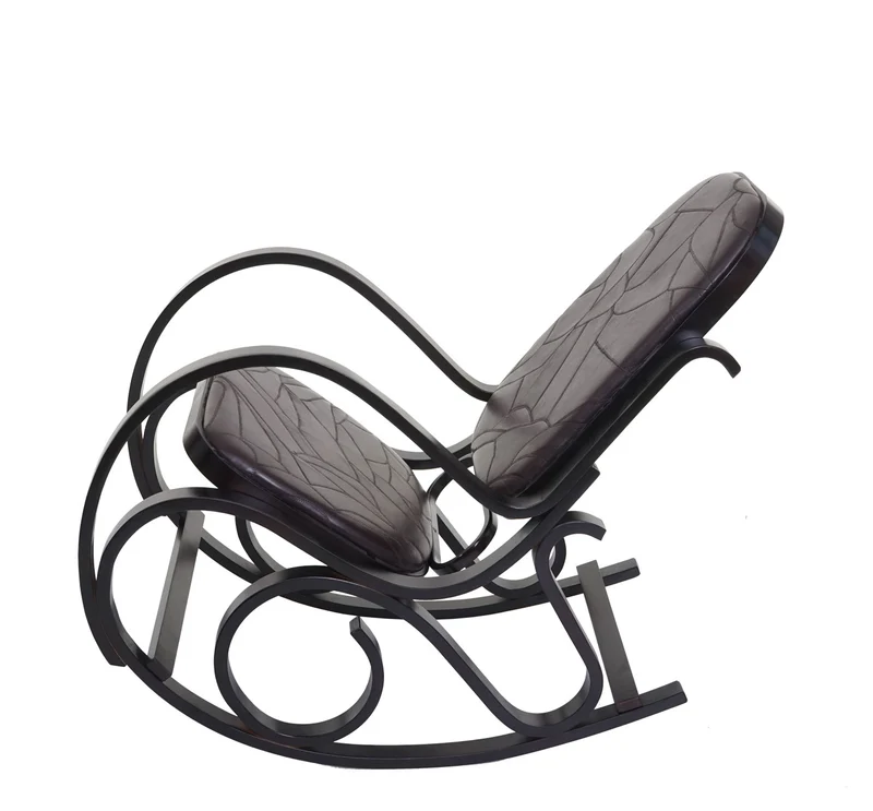 Fauteuil à bascule rocking chair en bois noyer assise en cuir patchwork marron FAB04021
