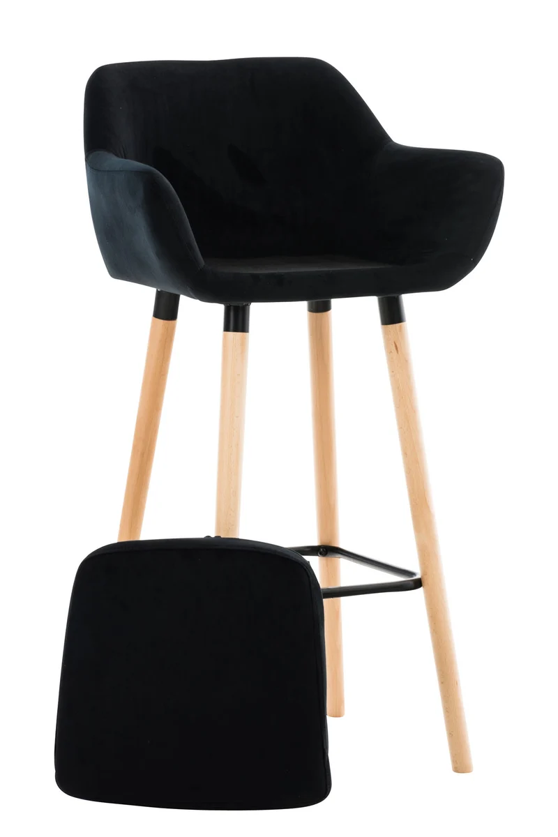Lot de 2 tabourets de bar en velours noir pieds en bois avec repose-pieds et accoudoirs style rétro moderne 10_0000321