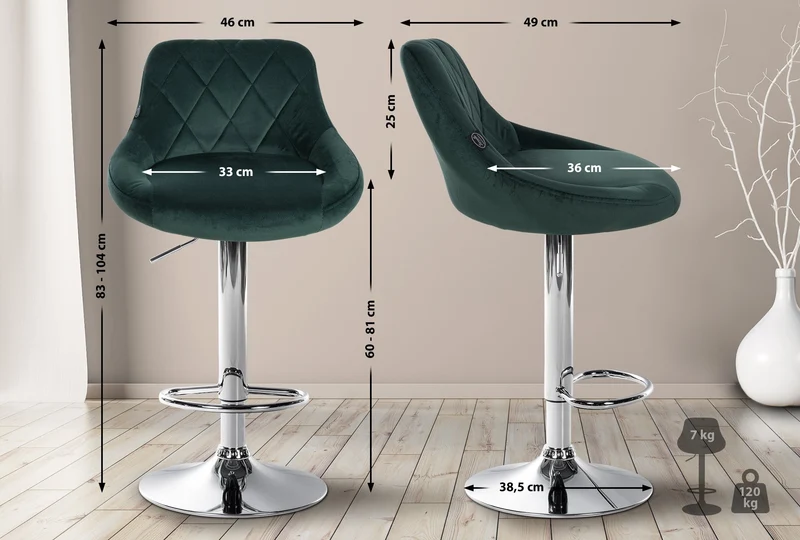 Tabouret de bar en velours vert coutures décoratives pivotant support métal chromé TDB10677