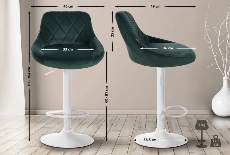 Tabouret de bar en velours vert coutures décoratives pivotant support métal blanc TDB10662