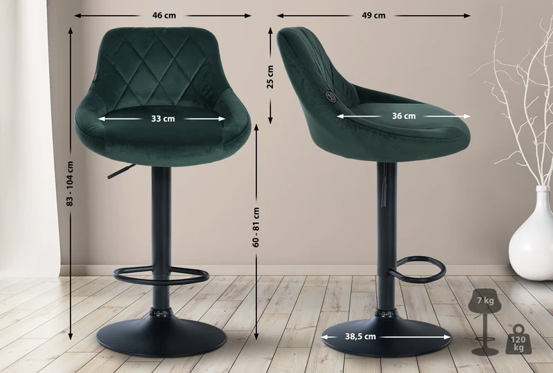 Tabouret de bar en velours vert coutures décoratives pivotant support métal noir TDB10670