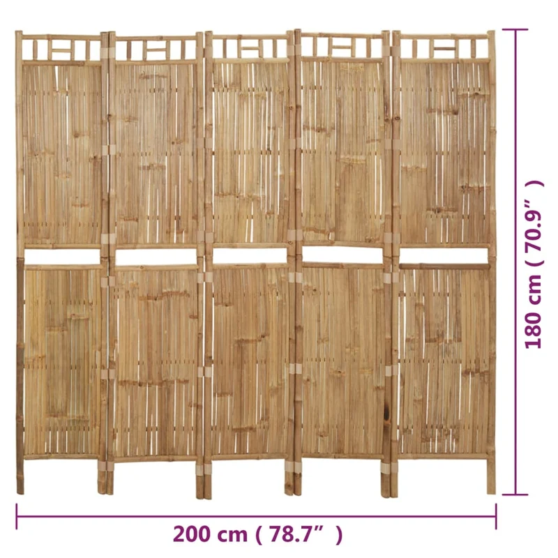 Paravent séparateur de pièce cloison 5 panneaux 200 x 180 cm en bambou marron DEC030935