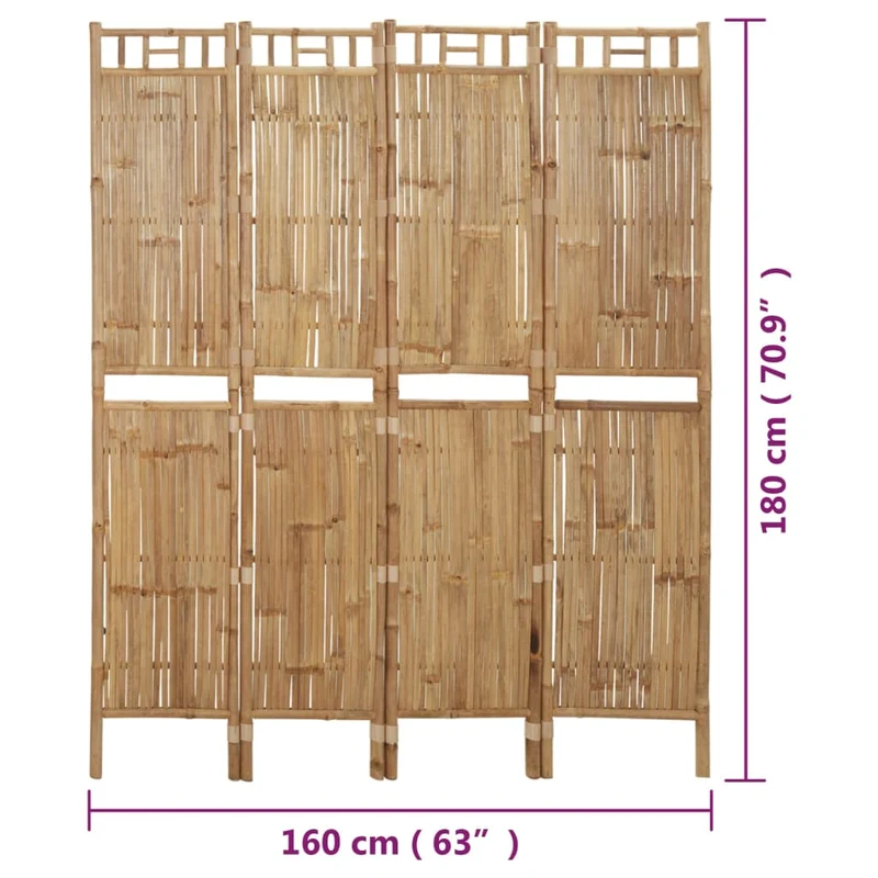 Paravent séparateur de pièce cloison 4 panneaux en bambou 160 x 180 cm DEC030829