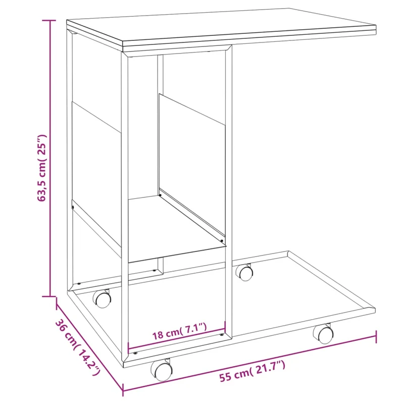 Table d'appoint sur roulettes en forme de C 55 x 36 x 63,5cm en bois d'ingénierie blanc DEC031295