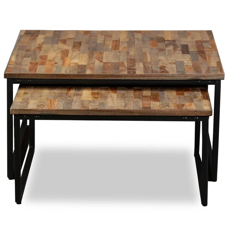 Ensemble de deux table basse en teck massif récupération marron et acier DEC031253