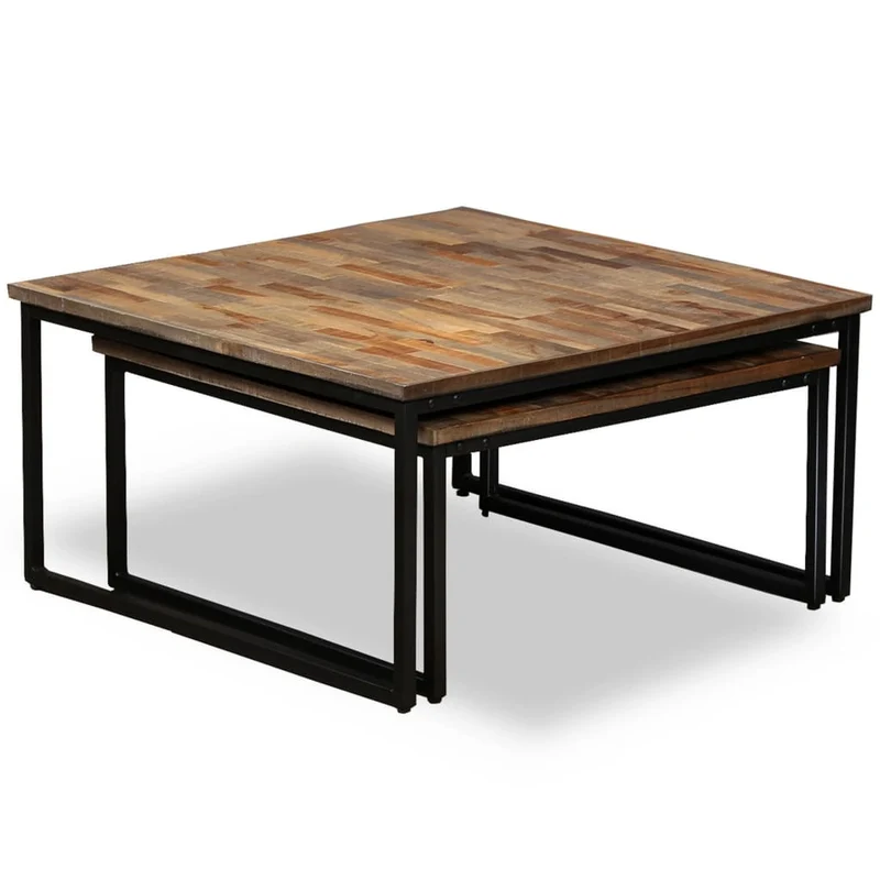 Ensemble de deux table basse en teck massif récupération marron et acier DEC031253