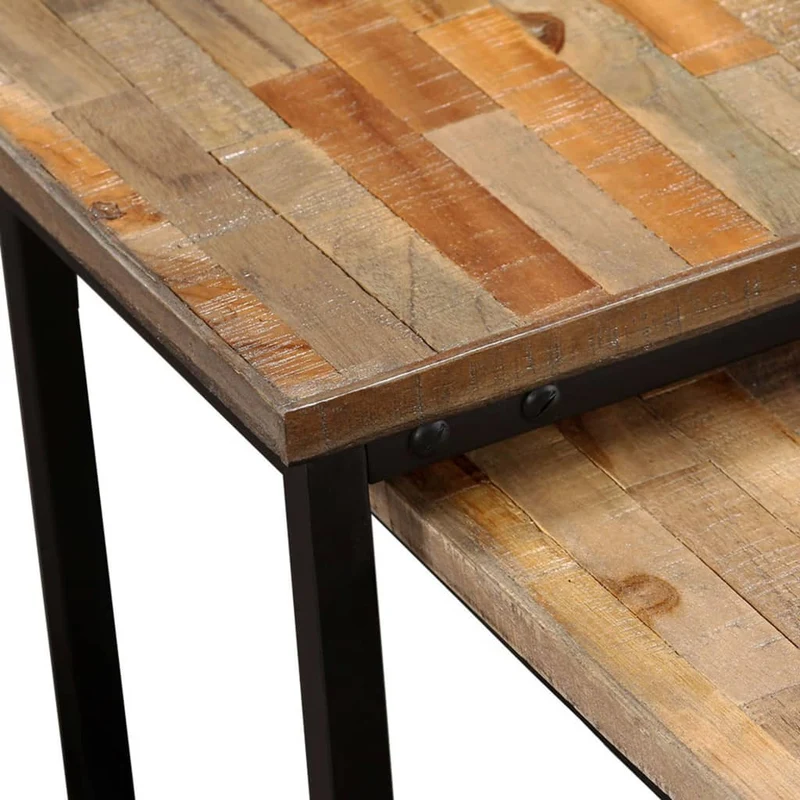Ensemble de deux table basse en teck massif récupération marron et acier DEC031253