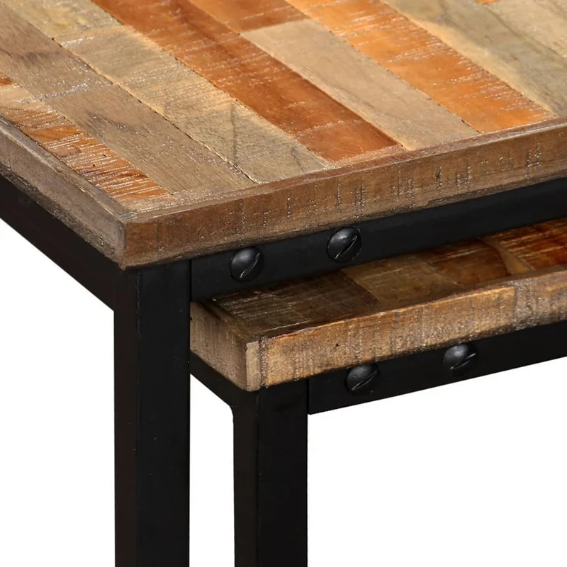 Ensemble de deux table basse en teck massif récupération marron et acier DEC031253