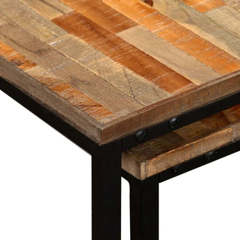 Ensemble de deux table basse en teck massif récupération marron et acier DEC031253