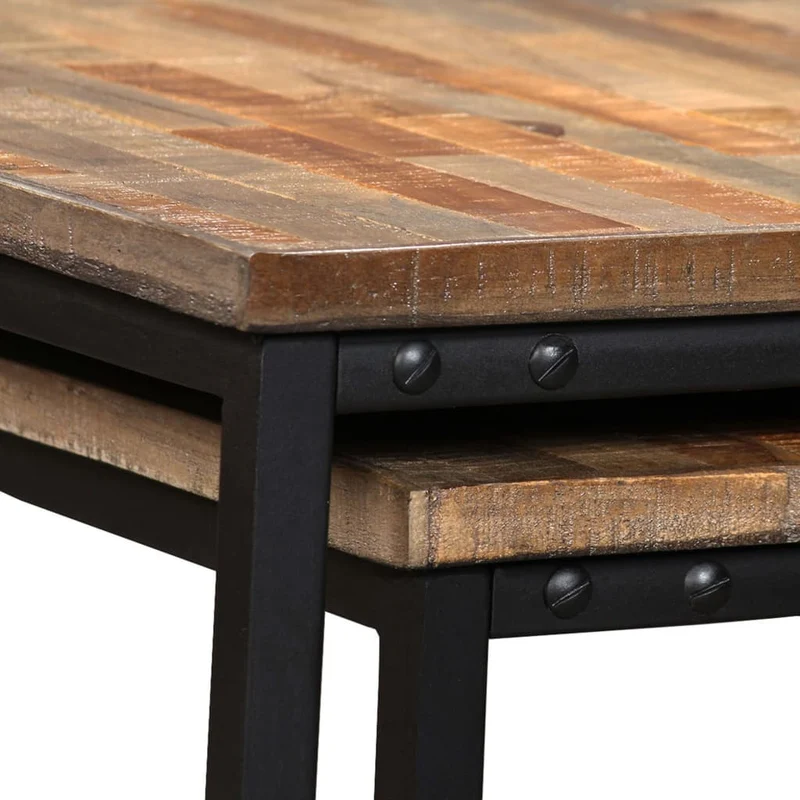 Ensemble de deux table basse en teck massif récupération marron et acier DEC031253