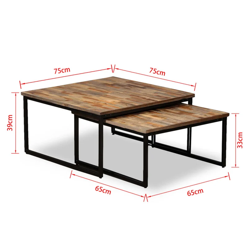 Ensemble de deux table basse en teck massif récupération marron et acier DEC031253