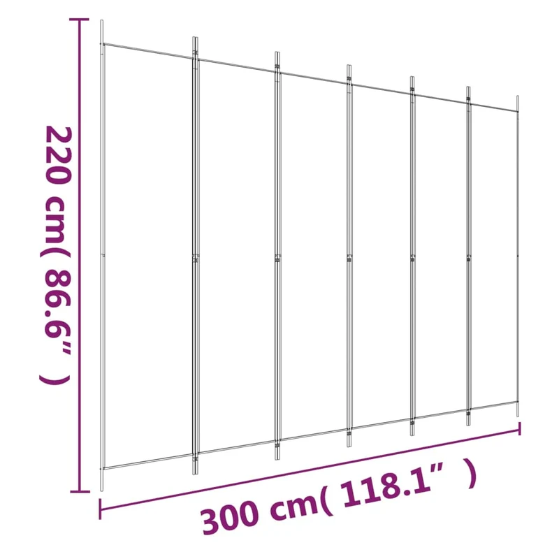 Paravent séparateur de pièce cloison 6 panneaux 300 x 220 cm tissu blanc et fer DEC031049