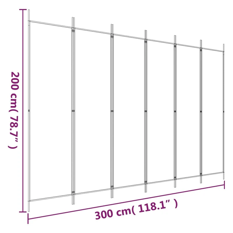 Paravent séparateur de pièce cloison 6 panneaux 300 x 200 cm tissu blanc et fer DEC031048