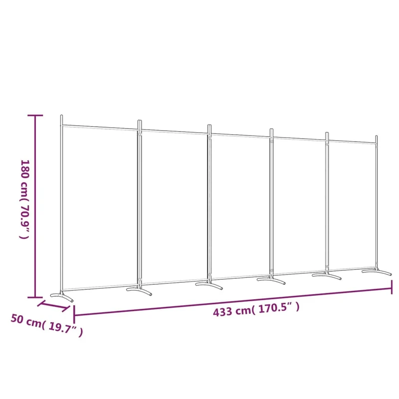 Paravent séparateur de pièce cloison 5 panneaux 433 x 180 cm en tissu blanc et fer DEC030949