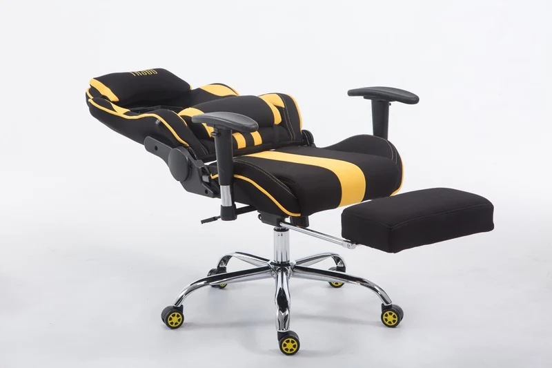 Fauteuil de bureau chaise gamer avec repose-pieds extensible en tissu noir / jaune et métal chromé 10_0002741
