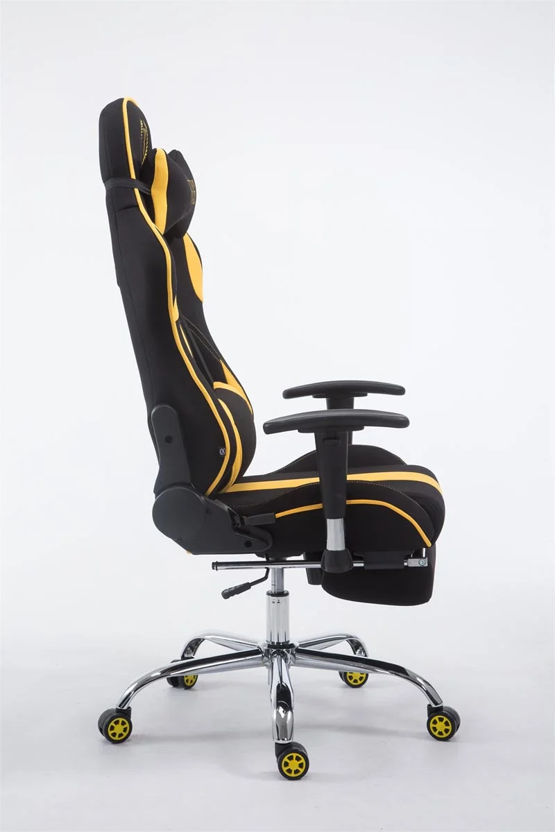 Fauteuil de bureau chaise gamer avec repose-pieds extensible en tissu noir / jaune et métal chromé 10_0002741