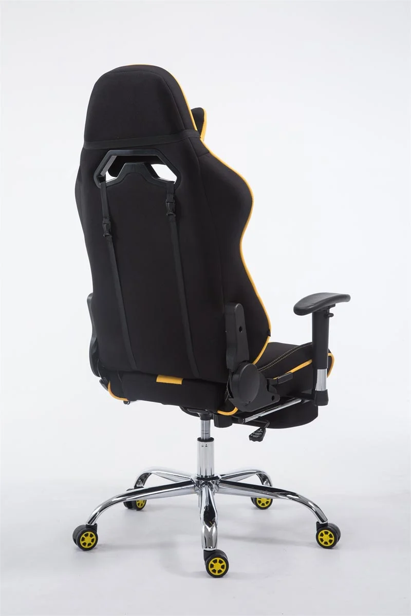 Fauteuil de bureau chaise gamer avec repose-pieds extensible en tissu noir / jaune et métal chromé 10_0002741