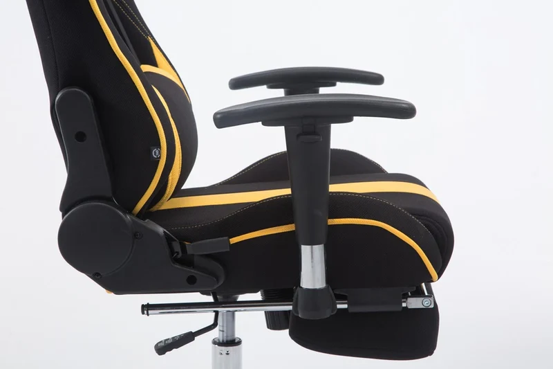 Fauteuil de bureau chaise gamer avec repose-pieds extensible en tissu noir / jaune et métal chromé 10_0002741