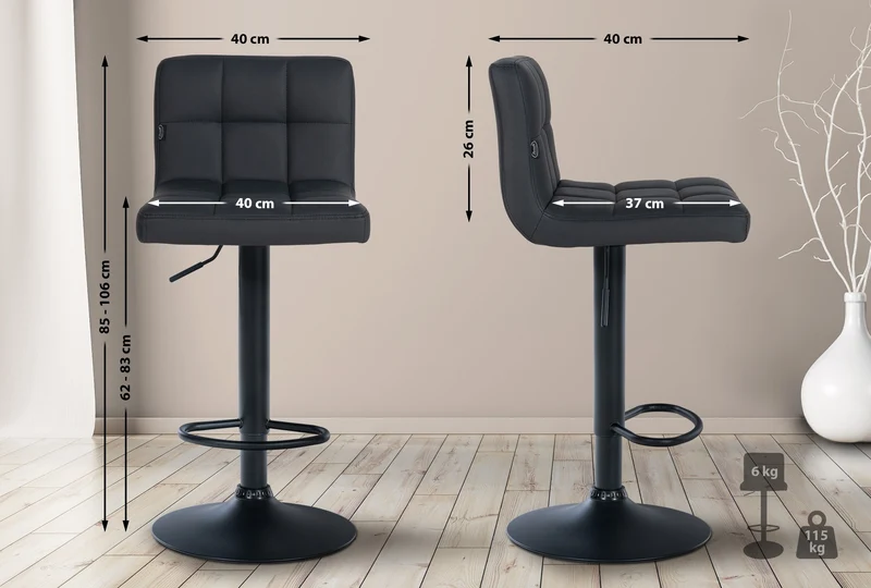 Tabouret de bar chaise haute de bar pied trompette métal noir siège synthétique noir TDB10613