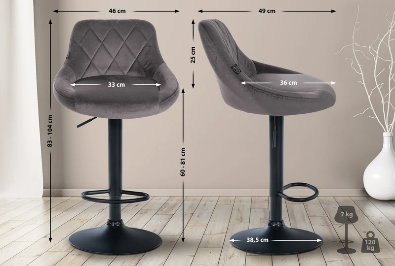 Tabouret de bar en velours gris coutures décoratives pivotant support métal noir TDB10666