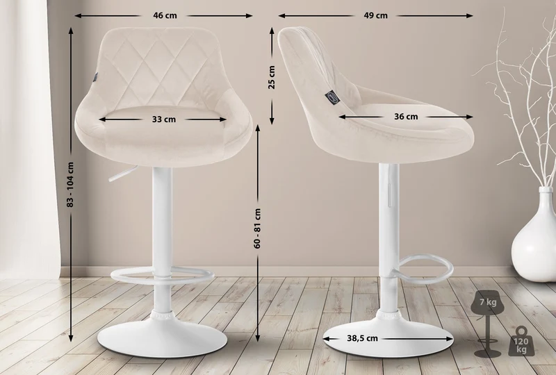 Tabouret de bar en velours crème coutures décoratives pivotant support métal blanc TDB10660