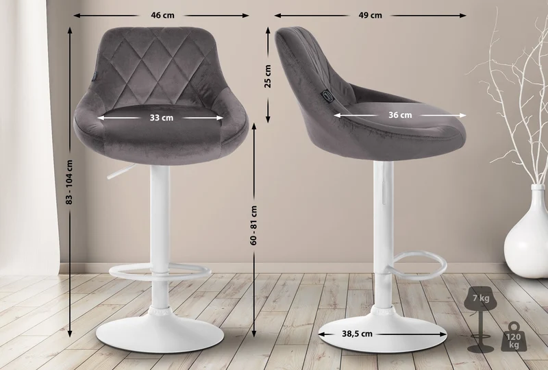 Tabouret de bar en velours gris coutures décoratives pivotant support métal blanc TDB10659