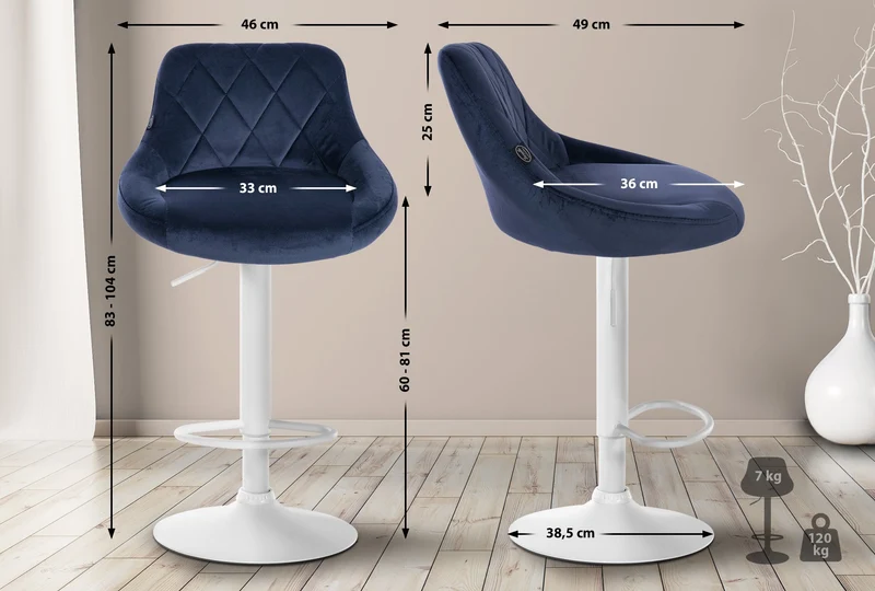 Tabouret de bar en velours bleu coutures décoratives pivotant support métal blanc TDB10658