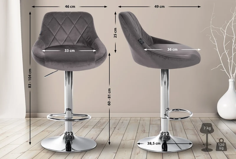 Tabouret de bar en velours gris coutures décoratives pivotant support métal chromé TDB10673