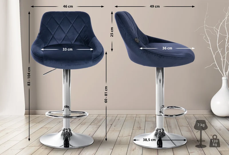 Tabouret de bar en velours bleu coutures décoratives pivotant support métal chromé TDB10672