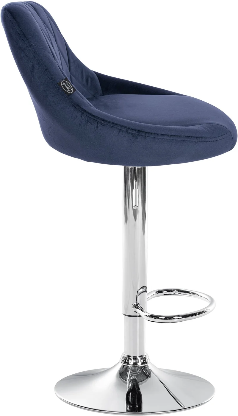 Tabouret de bar en velours bleu coutures décoratives pivotant support métal chromé TDB10672