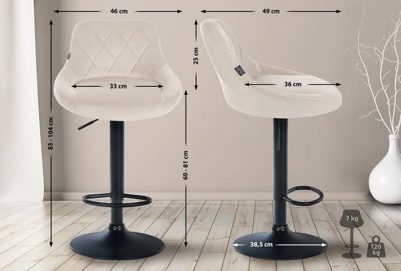 Tabouret de bar en velours crème coutures décoratives pivotant support métal noir TDB10668