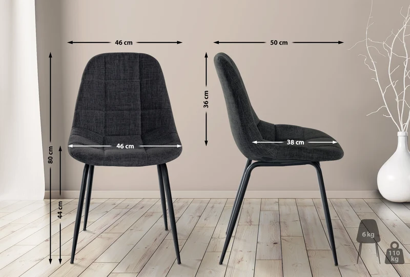 Set de 2 chaises coutures décoratives carrées en assise tissu gris foncé et pieds métal noir mat 10_0001670