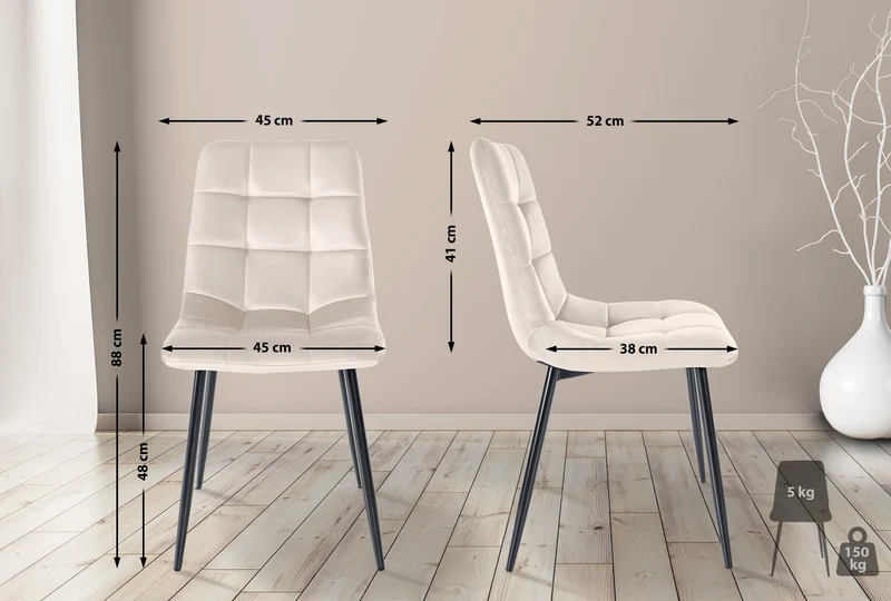 Lot de 4 chaises de salle à manger coutures forme carrées en tissu velours crème pieds en métal noir 10_0001781