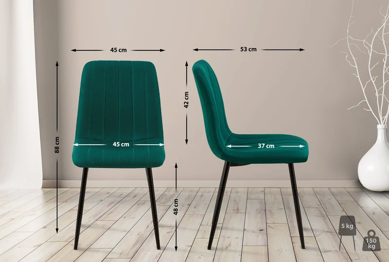 Lot de 4 chaises de salle à manger coutures décortatives verticales assise en tissu velours vert pieds en métal negro 10_0001875