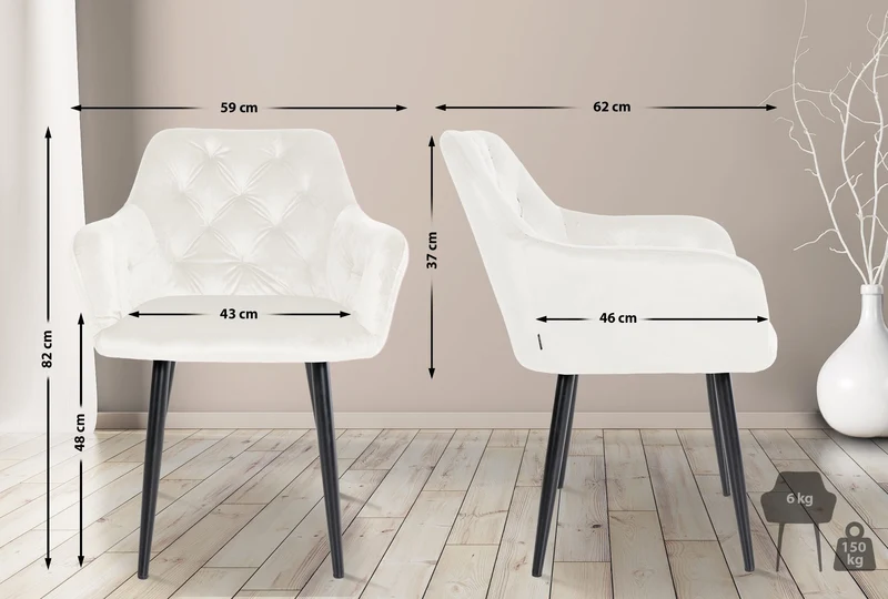 Set de 2 chaises de salle à manger design et confortable en velours crème et métal noir 10_0001626