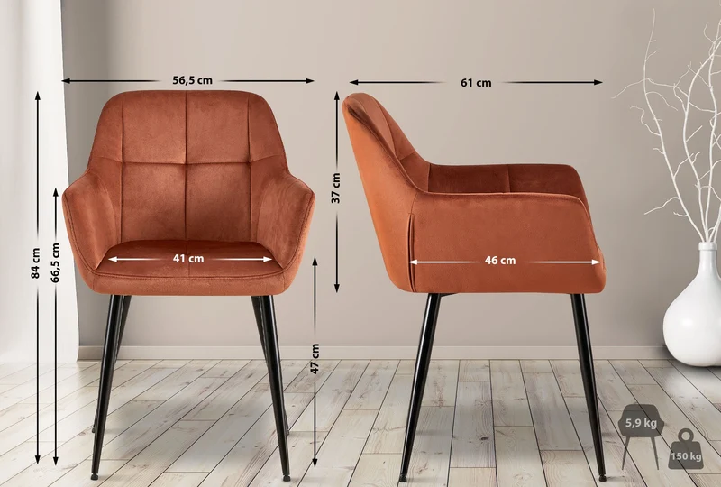Chaise de salle à manger bureau coutures décoratives carrées en velours marron pieds en métal noir 10_0001900