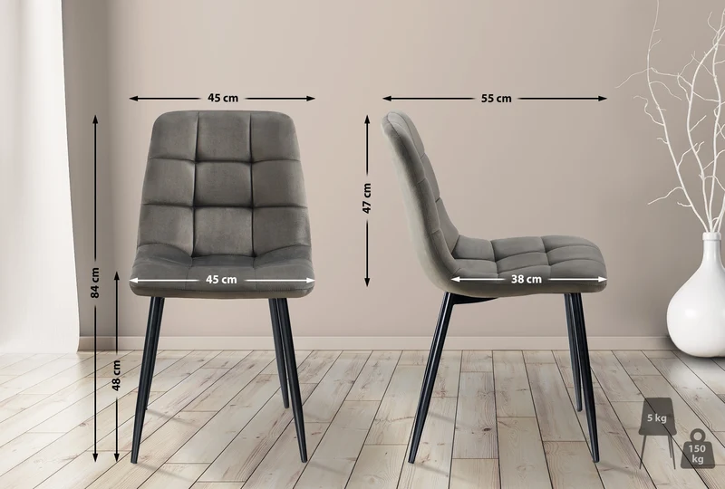 Lot de 4 chaises de salle à manger coutures forme carrées en tissu velours anthracite pieds en métal noir 10_0001798