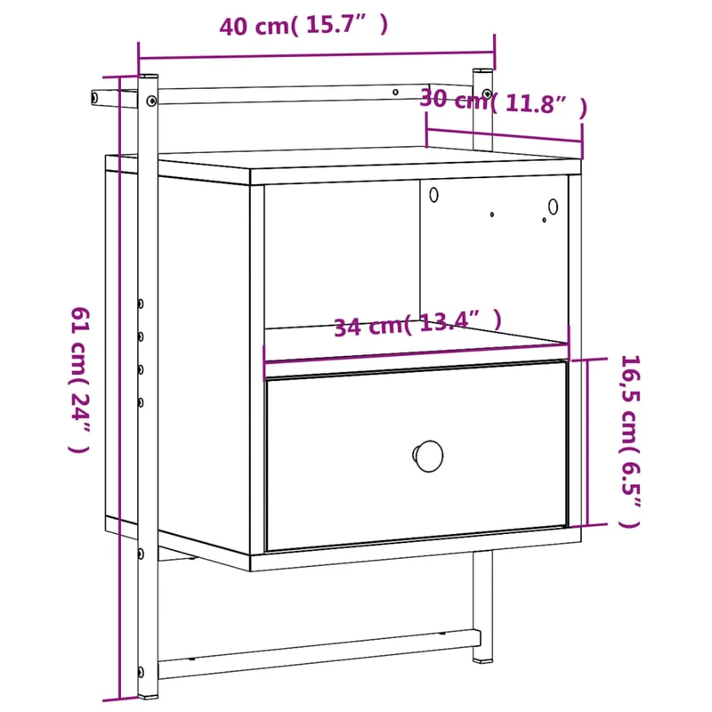 Table de chevet murale avec tiroir avec compartiment 40 x 30 x 61cm bois d'ingénierie gris et métal DEC034329