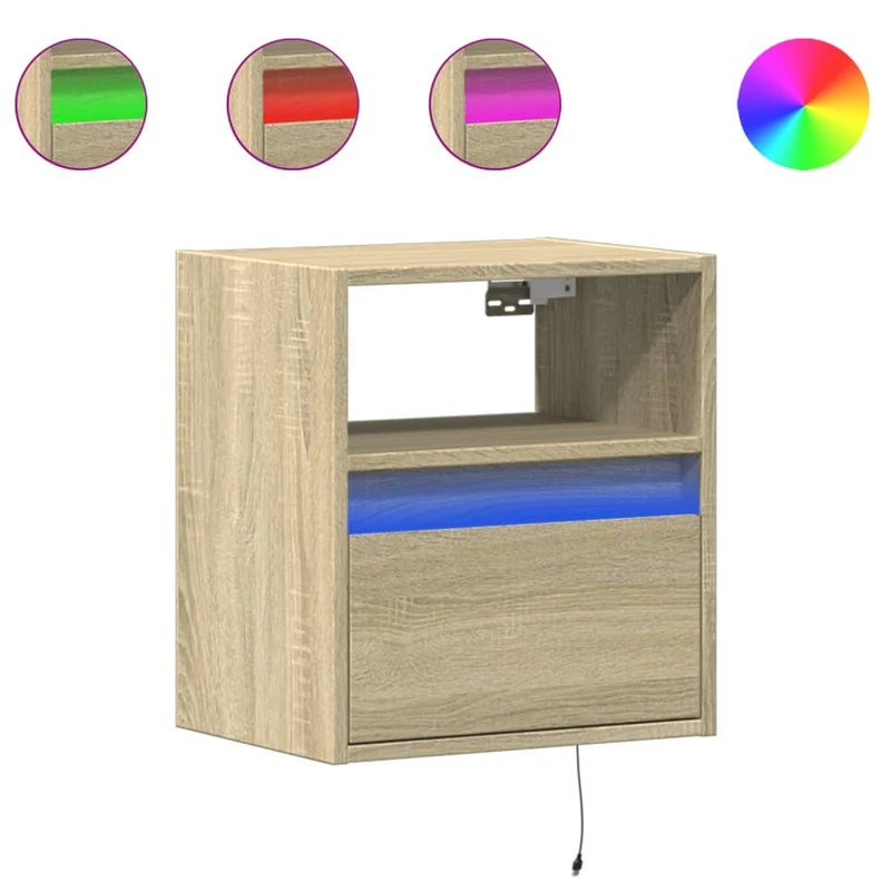 Table de chevet murale avec lumières LED avec tiroir 41 x 31 x 45 cm en bois d'ingénierie couleur chêne DEC034190