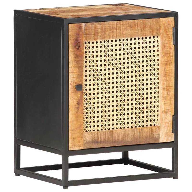 Table de chevet avec compartiment avec porte 40 x 30 x 50 cm bois de manguier canne et fer DEC032931