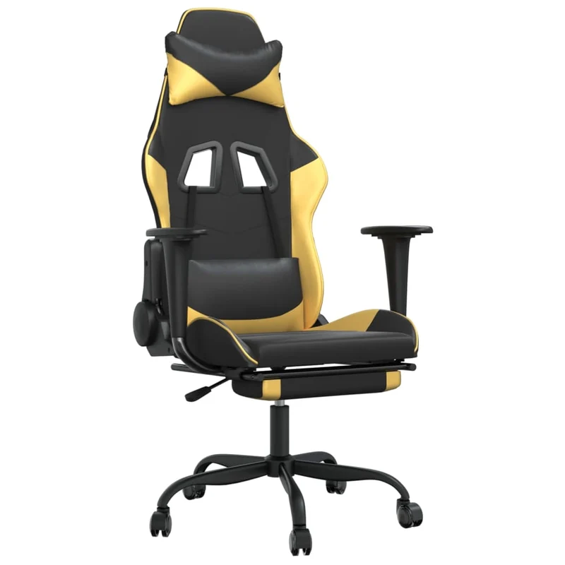 Fauteuil de bureau chaise gaming sur roulettes avec repose-pieds noir et doré PVC DEC025772
