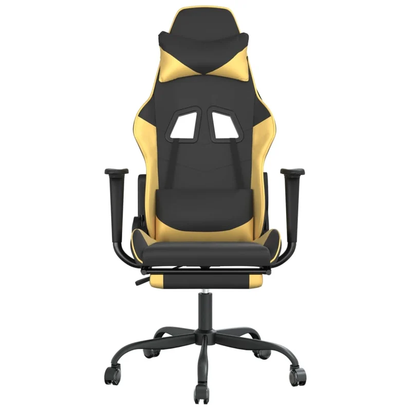 Fauteuil de bureau chaise gaming avec coussin lombaire et repose-pieds noir et doré PVC DEC025852